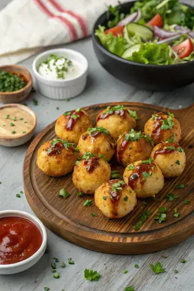 A serving of Onion Bombs on a wooden board with garnishes and dipping sauces.