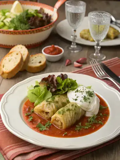 A dining table with stuffed cabbage rolls, salad, garlic bread, and tomato sauce.