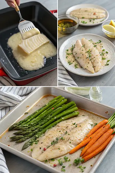 A step-by-step guide showing how to prepare garlic butter tilapia with roasted asparagus and carrots.