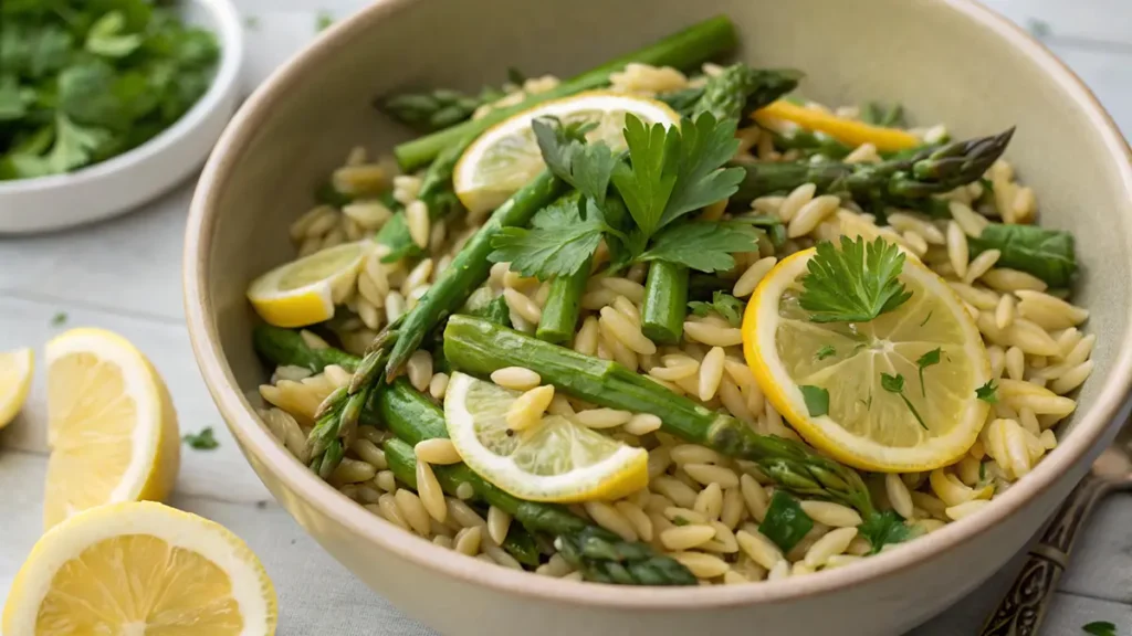 Close-up of a bowl of Spring Orzo Salad with lemon slices, asparagus, and fresh parsley