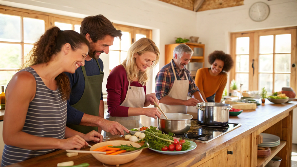 A group of people cooking together in a cozy, sunlit kitchen, smiling and enjoying the process.