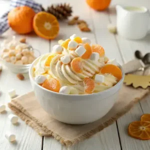 Close-up of a bowl of Orange Creamsicle Salad with autumn decorations in the background