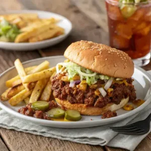 BIG MAC SLOPPY JOES with toppings and fries on a rustic table.