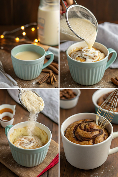 Step-by-step images showing how to make a Cinnamon Roll Mug Cake in a microwave-safe mug