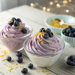 Two bowls of blueberry fluff dessert with fresh blueberries and lemon zest on a wooden table.