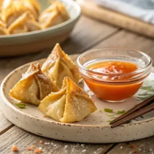 Crispy cream cheese wontons with a side of sweet chili sauce on a rustic wooden table.