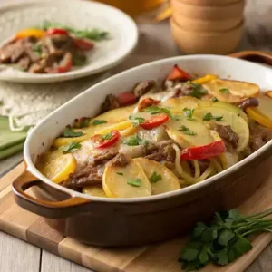 A serving of Crockpot Cheesesteak Potato Casserole on a plate with a fork beside it.