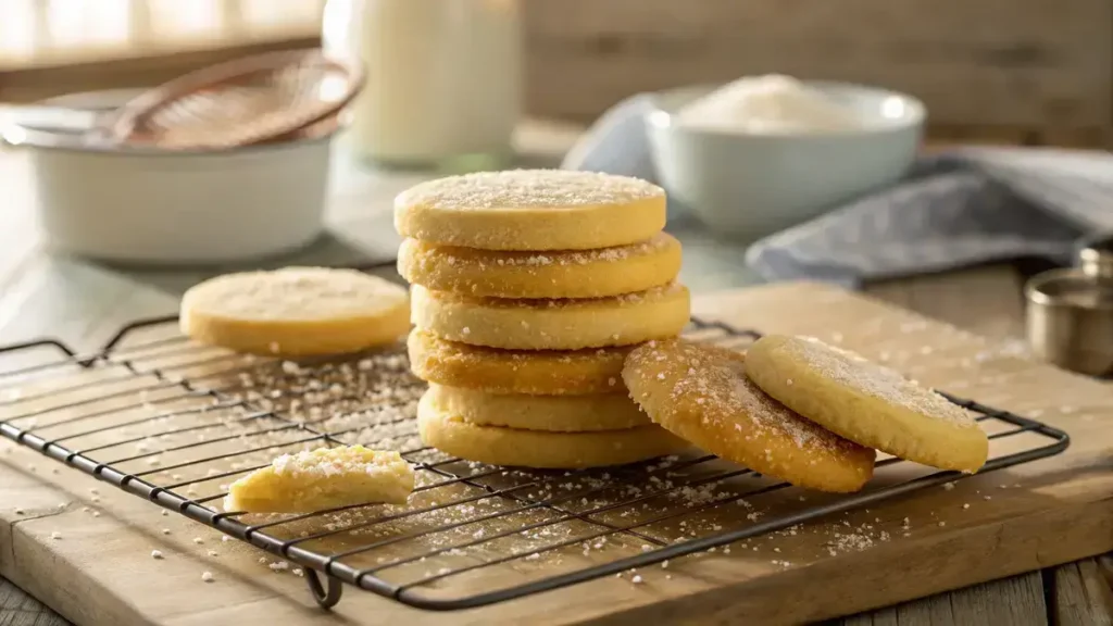 Close-up of golden butter cookies on a wire rack, sprinkled with sugar crystals, against a blurred kitchen background.