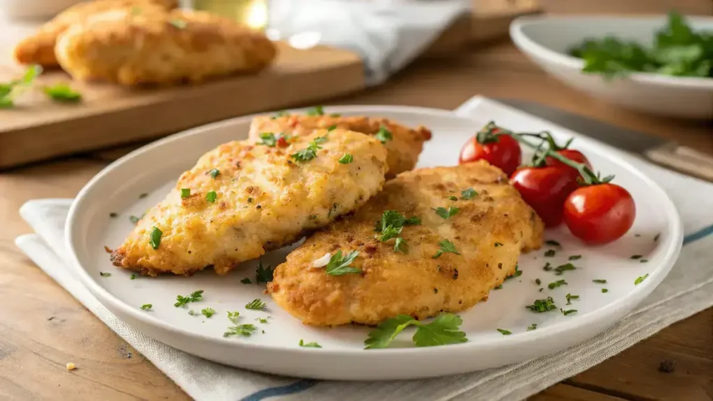 Close-up of air fryer chicken breast fillets garnished with parsley and cherry tomatoes on a white plate.