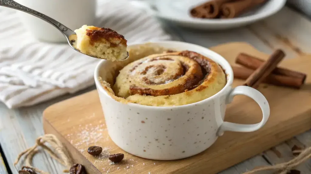 Close-up of a cinnamon roll mug cake in a white mug, showcasing its cinnamon swirl and sugary topping.