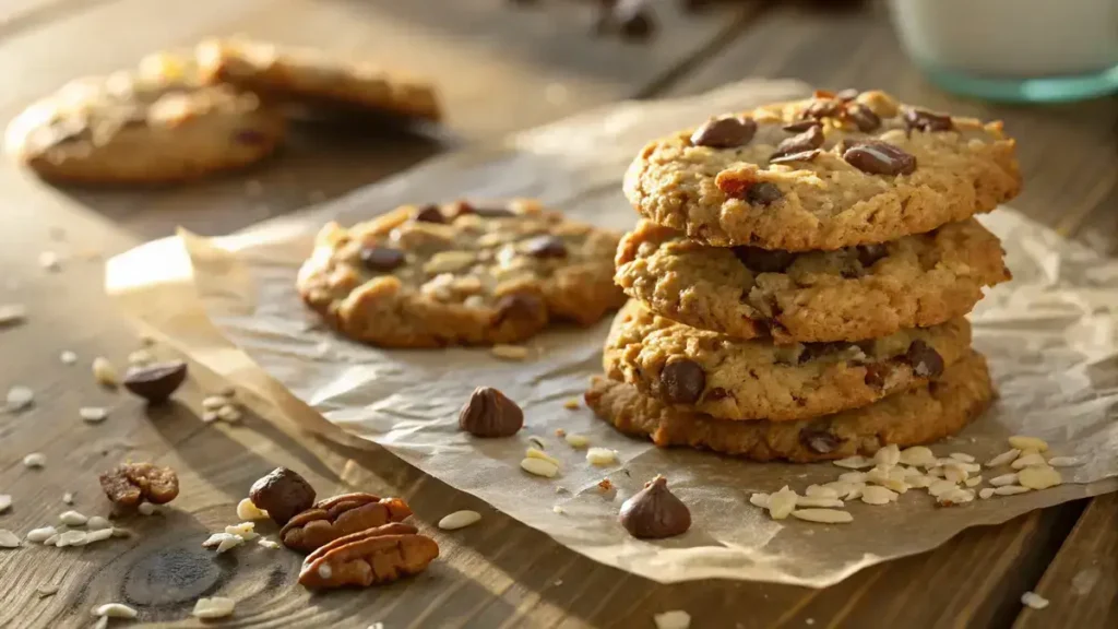 Close-up of freshly baked cowboy cookies on parchment paper with golden edges and melted chocolate chips.