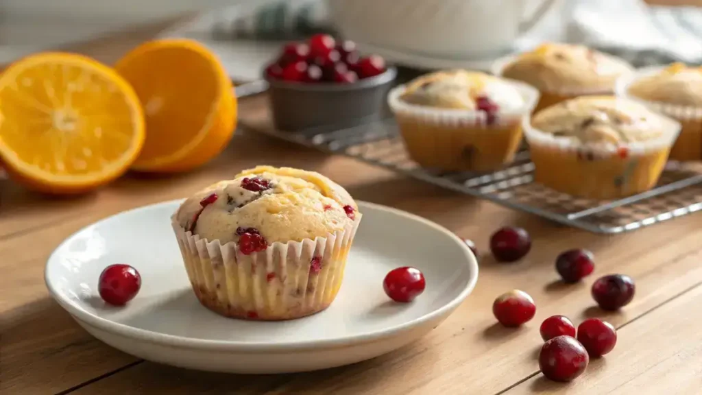 Close-up of a half-unwrapped cranberry cream cheese muffin on a white plate with fresh cranberries and orange slices in the background.