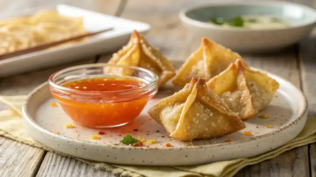 Close-up of golden fried cream cheese wontons on a ceramic plate with sweet chili sauce.