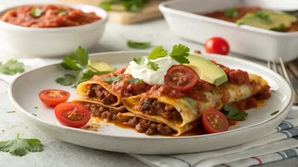 Close-up of flat ground beef enchiladas topped with cheddar cheese, sour cream, cherry tomatoes, and avocado on a white plate.
