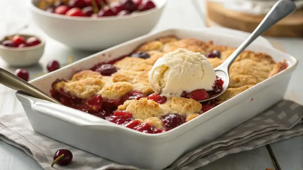 Close-up of a freshly baked cherry cobbler with a golden-brown topping and glossy red cherries, served with melting vanilla ice cream.
