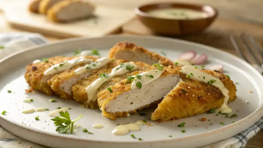 Close-up of crispy Parmesan crusted chicken slices on a ceramic plate with creamy garlic sauce and parsley.