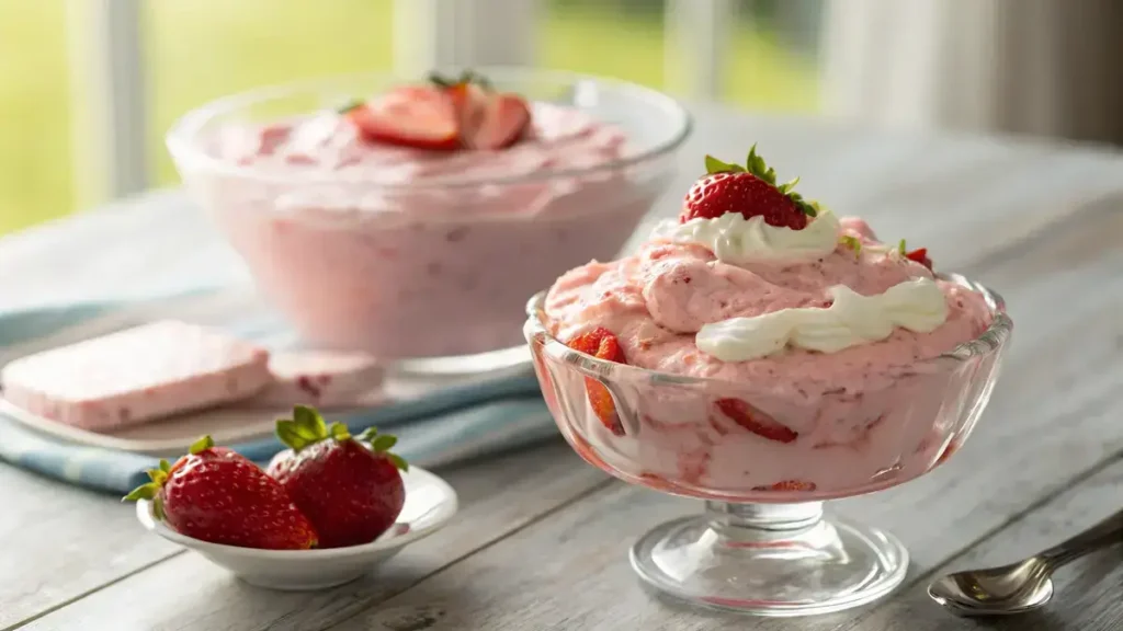 Close-up of Strawberry Fluff dessert in a clear glass dish, showcasing its creamy texture and fresh strawberry topping.