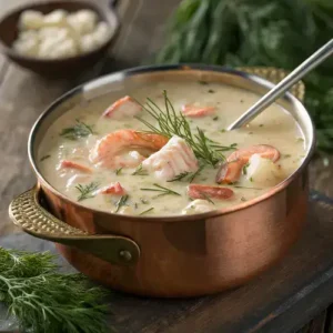 Steaming Crab and Shrimp Seafood Bisque in a copper pot with a ladle holding shrimp and crab above it.