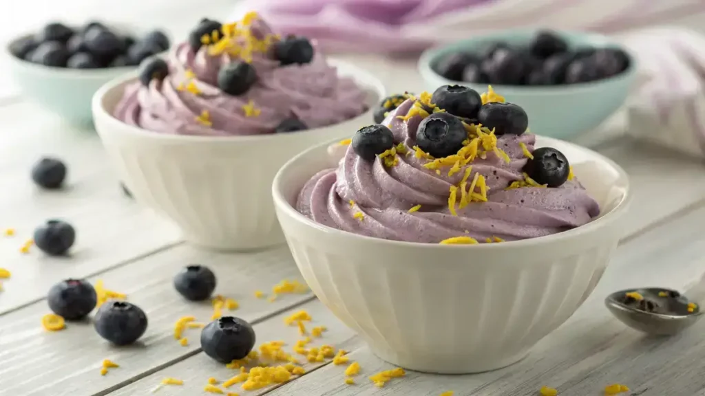 Close-up of two bowls of blueberry fluff dessert, one in glass and one in ceramic, garnished with blueberries and lemon zest.