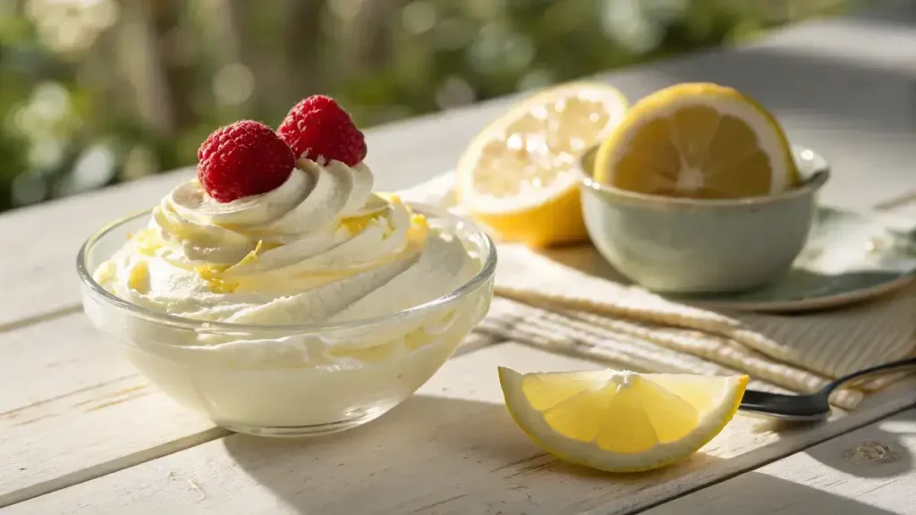Close-up of creamy lemon fluff dessert in a clear glass bowl with a raspberry on top and lemon slices beside it.