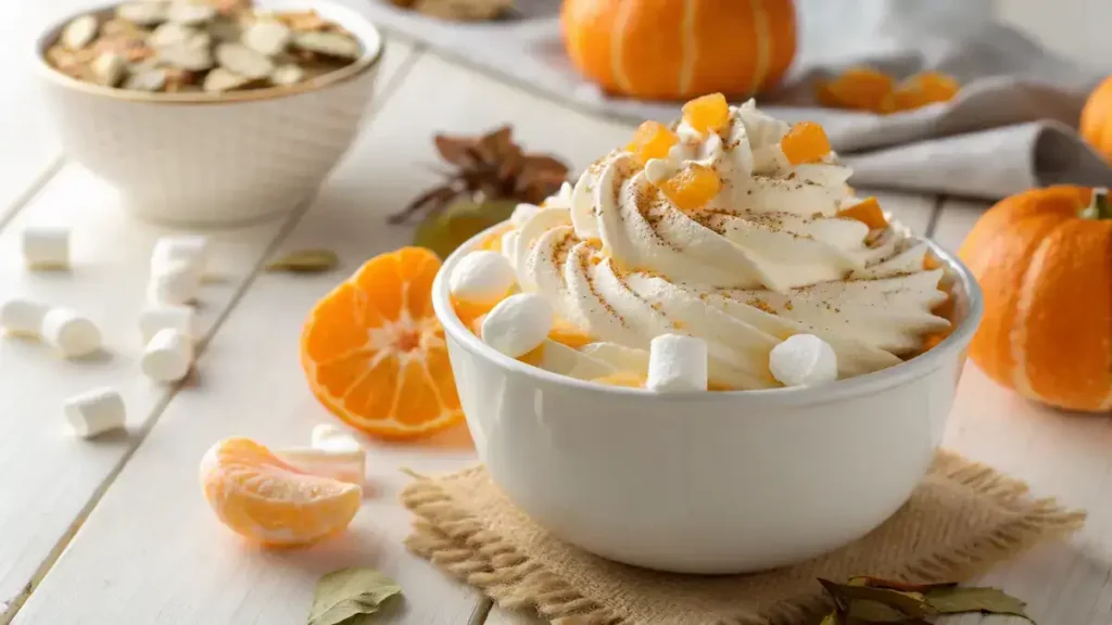 Creamy Orange Creamsicle Salad topped with whipped cream, mandarin segments, and mini marshmallows in a white bowl
