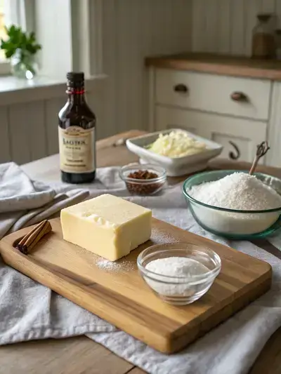 Ingredients for 3-Ingredient Butter Cookies displayed on a kitchen table, including butter, sugar, flour, and vanilla extract.