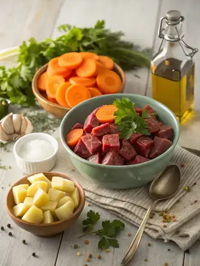 Fresh ingredients for Slow Cooker Beef Stew displayed on a rustic wooden table, including carrots, potatoes, beef, and herbs.