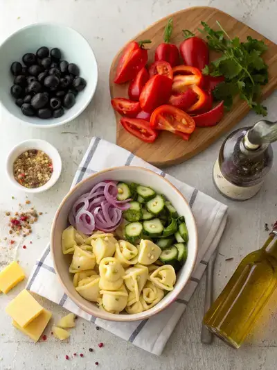 Fresh ingredients for tortellini pasta salad displayed on a rustic kitchen table, including cheese-filled tortellini, diced vegetables, olives, and cheese.
