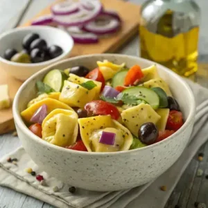 Bowl of tortellini pasta salad with colorful ingredients, including red bell pepper, cucumber, olives, and cheese, on a weathered wooden table.
