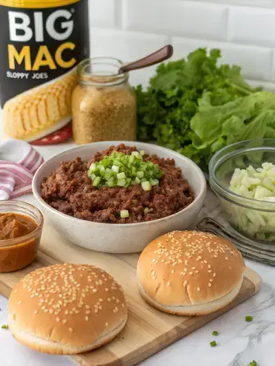 Ingredients for BIG MAC SLOPPY JOES displayed on a kitchen countertop.