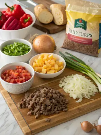 Ingredients for Crockpot Cheesesteak Potato Casserole laid out on a cutting board.