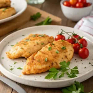 Golden air-fried chicken breast fillets with parsley and cherry tomatoes on a white plate, shot from above.