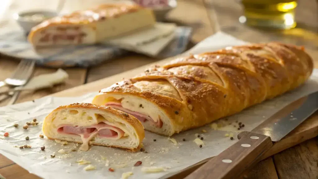 Close-up of a golden-brown Italian Stromboli with ham and melted cheese on parchment paper, illuminated by warm sunlight.