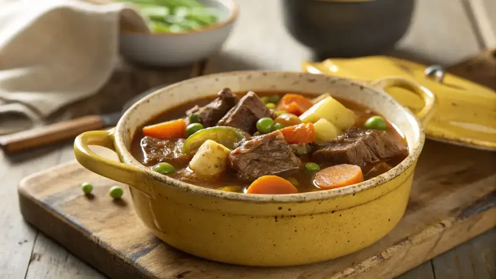 Close-up of a rustic yellow ceramic pot filled with Slow Cooker Beef Stew, showcasing tender beef, potatoes, carrots, and peas in a rich broth.