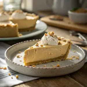Slice of creamy Amish Peanut Butter Cream Pie with whipped cream topping on a rustic ceramic plate.
