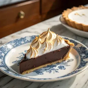 Slice of chocolate pie with meringue on a vintage plate, captured in warm kitchen light.