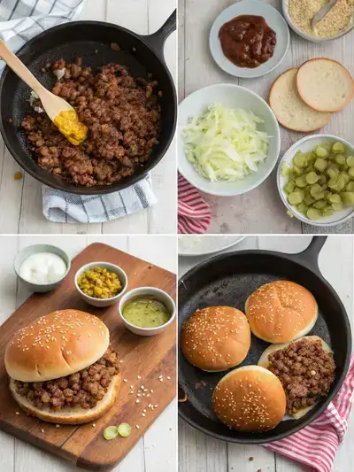 Step-by-step preparation of BIG MAC SLOPPY JOES with ingredients and final assembly.
