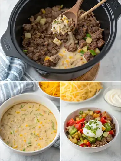 Step-by-step preparation of Crockpot Cheesesteak Potato Casserole with ingredients and cooking process.