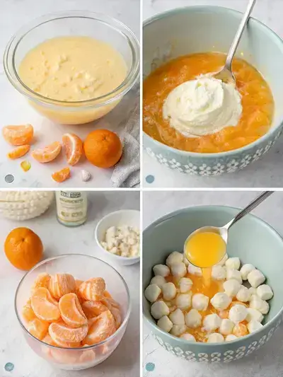 Step-by-step preparation of Orange Creamsicle Salad with gelatin, pudding, whipped topping, oranges, and marshmallows.