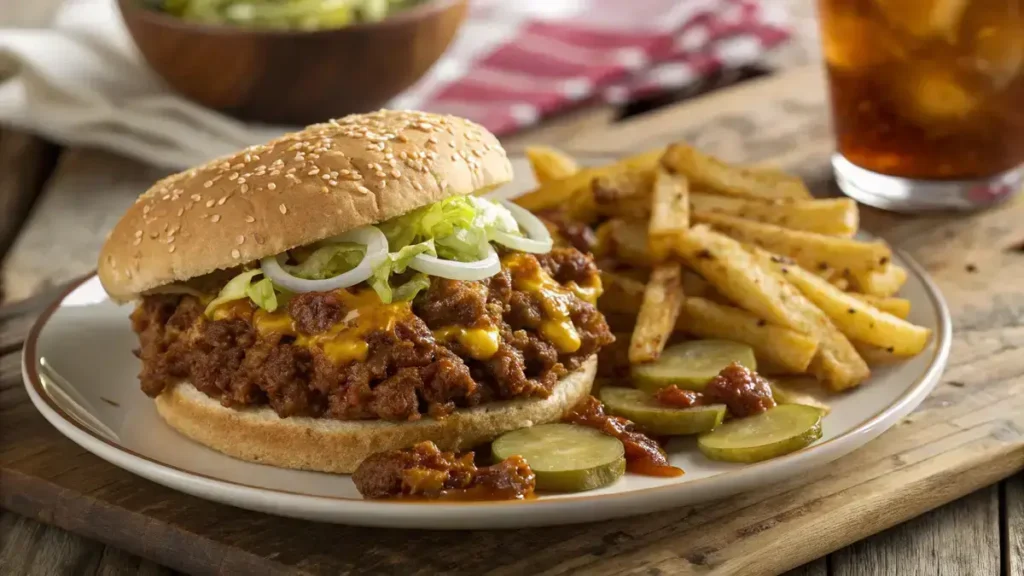 Delicious BIG MAC SLOPPY JOES served with fries on a wooden table.
