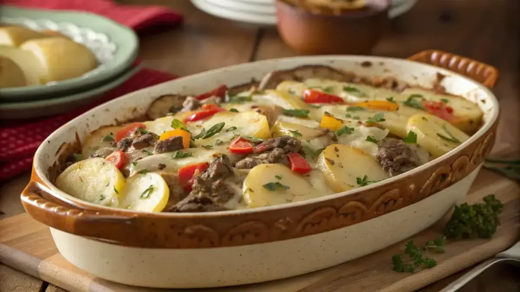 A close-up of Crockpot Cheesesteak Potato Casserole with melted cheese and colorful peppers.