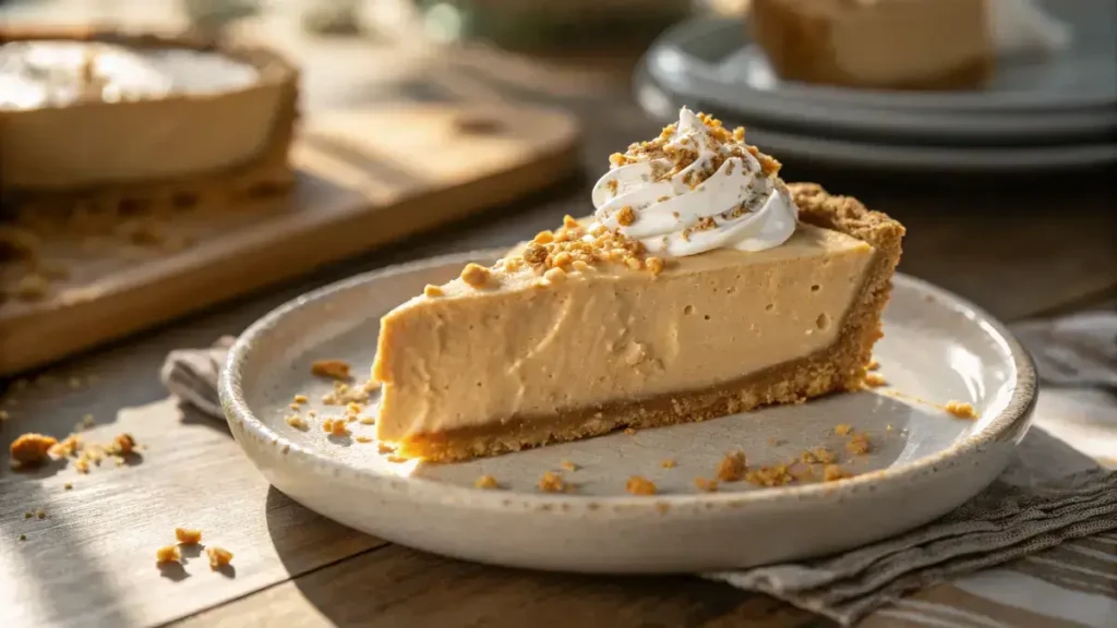 Close-up of a slice of Amish Peanut Butter Cream Pie on a rustic plate, showcasing its creamy texture and golden crust.
