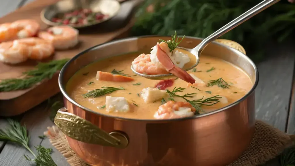 Close-up of a creamy Crab and Shrimp Seafood Bisque in a polished copper pot, showcasing chunks of crab meat and pink shrimp with fresh dill.