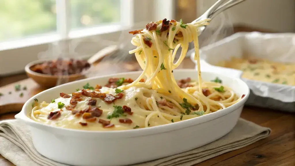 Close-up of creamy bacon spaghetti bake in a white casserole dish with melted cheese and crispy bacon bits.