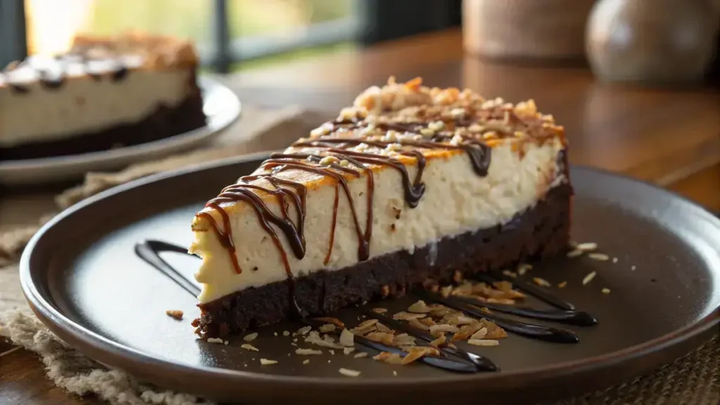 Close-up view of a slice of Samoa cheesecake on a dark glossy plate, showcasing its layers and toppings.