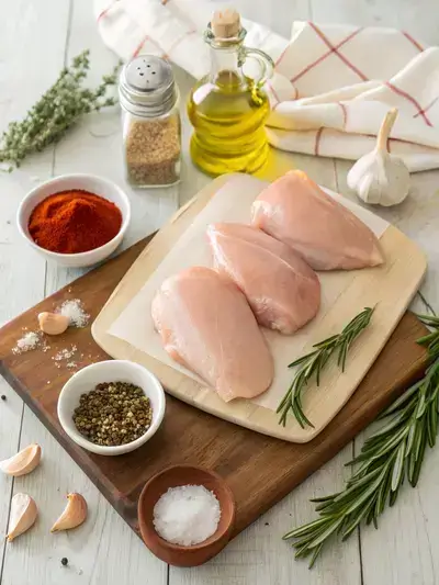 Fresh ingredients for Air Fryer Chicken Breast recipe on a rustic kitchen table.