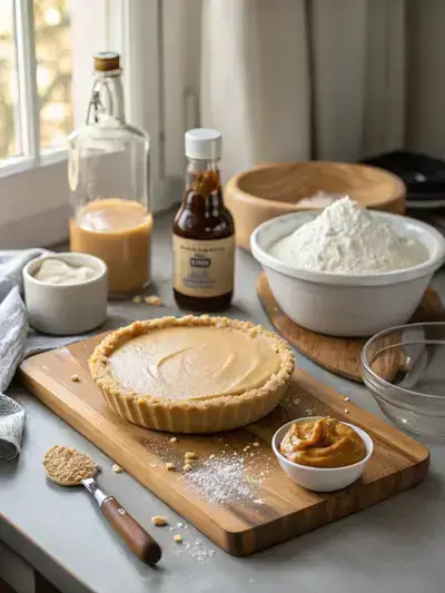 Ingredients for Amish Peanut Butter Cream Pie displayed on a kitchen table, including graham cracker crust, peanut butter, powdered sugar, cream cheese, granulated sugar, heavy cream, and vanilla extract.