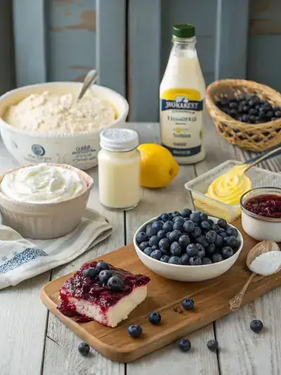 Ingredients for blueberry fluff displayed on a wooden kitchen table, including powdered sugar, cream cheese, lemon zest, sour cream, lemon juice, vanilla extract, whipped topping, fresh blueberries, and blueberry pie filling.