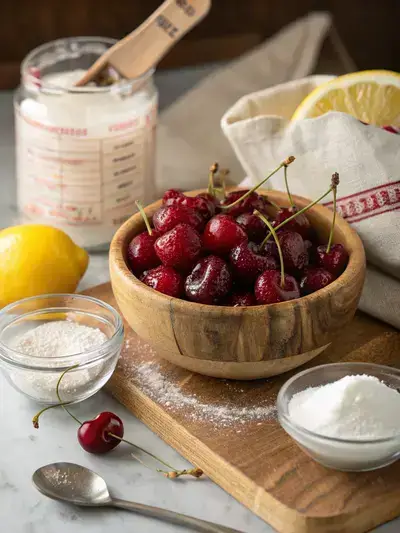 A kitchen table set with ingredients for cherry cobbler, including fresh cherries, sugar, lemon, cornstarch, flour, butter, and milk.