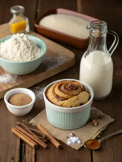 Ingredients for a Cinnamon Roll Mug Cake displayed on a wooden kitchen table, including flour, sugar, cinnamon, and butter.